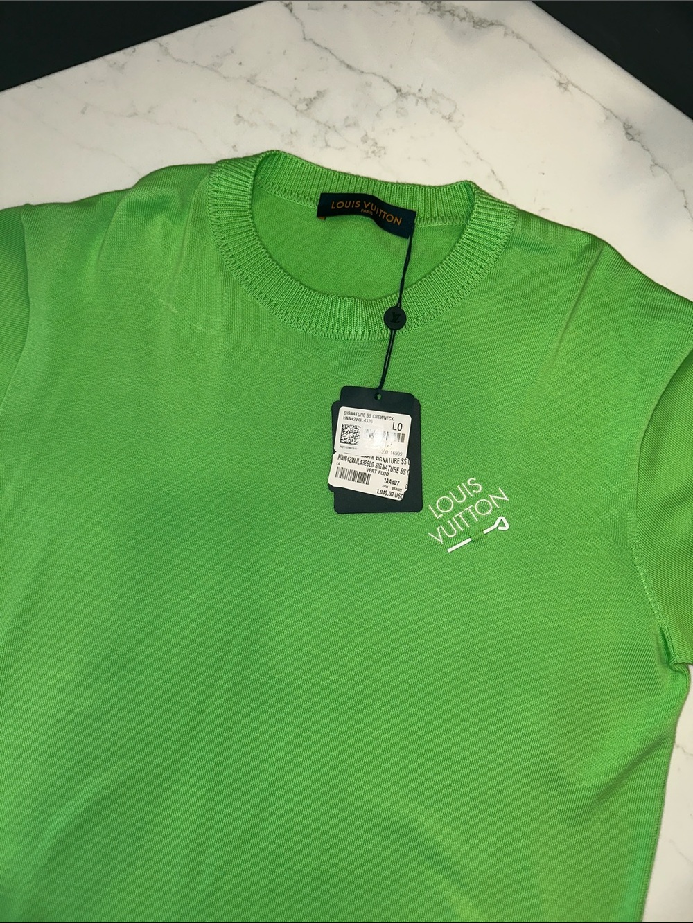 Louis Vuitton Men’s Signature SS Crewneck Sweater in Neon Green with White Logo